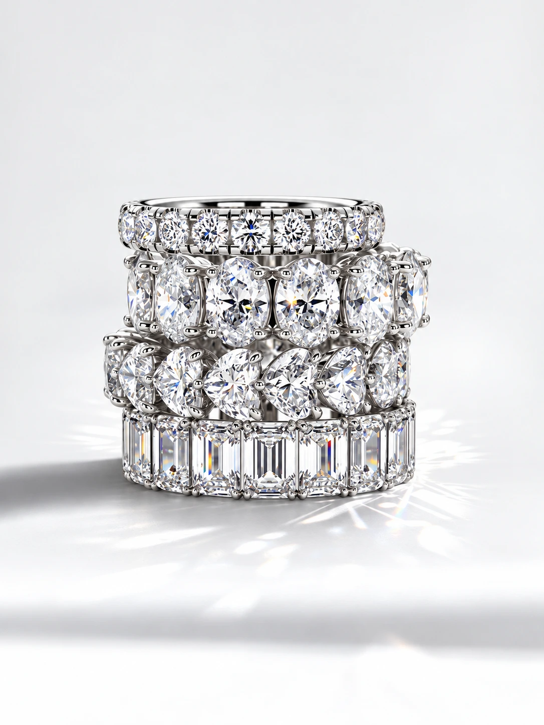 Four stacked diamond bands with different stone shapes
